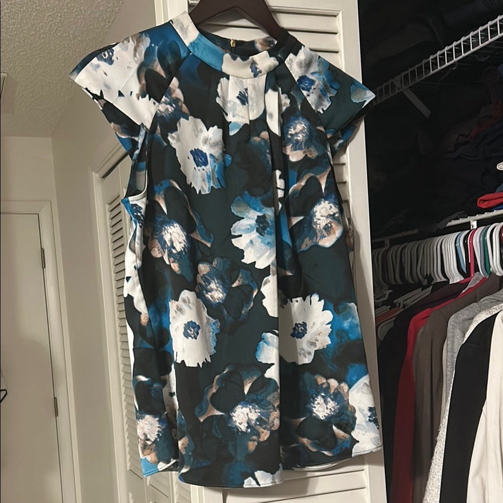 Calvin Klein Collection Floral Blouse - Teal and White